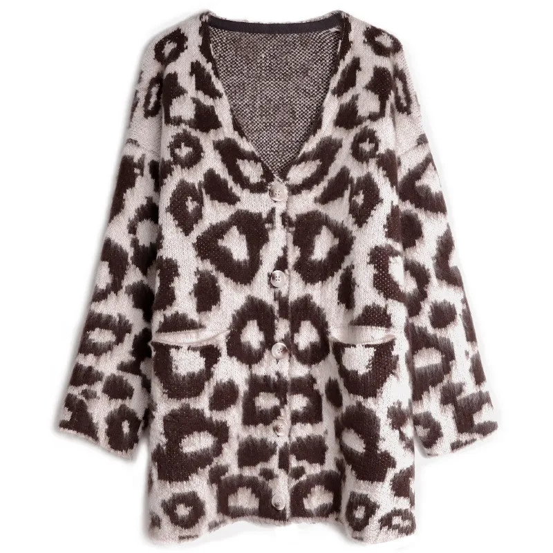 

Wholesale High Quality 2019 Spring Autumn Fashion Leopard Single Breasted Knitting Long Cardigan Plus Sie Sweater Oversized Coat