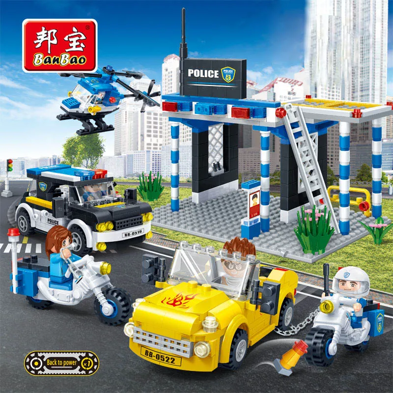 

BanBao Police Educational Blocks Toys For Children Kids Gift City Hero Weapon Car Helicopter Stickers Compatible with Legoe