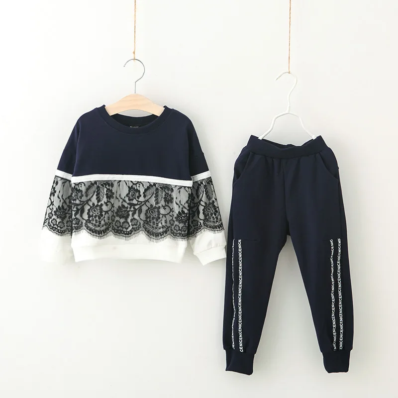 VYU/Одежда для девочек коллекция года, осенне-зимний хлопковый спортивный костюм для девочек с кружевной вышивкой брюки с буквами+ блузка детская одежда комплект из 2 предметов