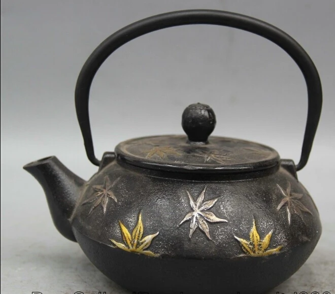 

7" Archaic Japanese Iron Silver Gilt Leaf Portable Kettle Wine Tea Pot Flagon