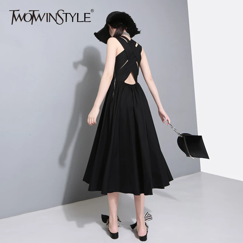 

TWOTWINSTYLE Backless Dress Women Patchwork Sleeveless Sexy Tunic High Waist Draped A Line Midi Vest Dresses 2019 Summer Elegant