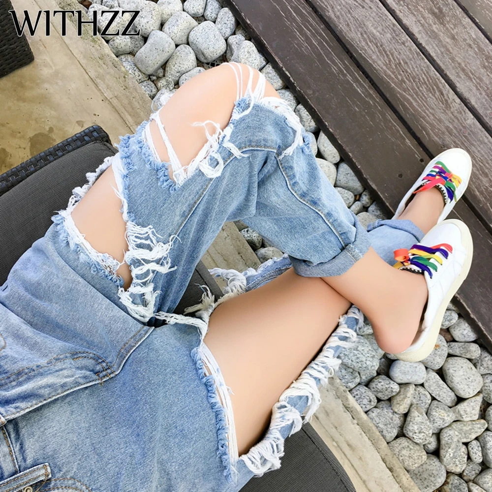 WITHZZ New Arrival 5XL Ripped Jeans Women's Loose Thin Jeans Women Pants Breeches Overalls Vintage Female Torn Trousers WITHZZ New Arrival 5XL Ripped Jeans Women's Loose Thin Jeans Women Pants Breeches Overalls Vintage Female Torn Trousers