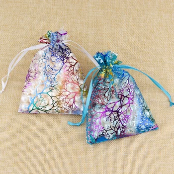 

Christmas Bags 7*9cm Blue Coralline Organza Gift Bag 10pcs Jewelry Display Packaging Drawstring Pouches Wedding Party Favors