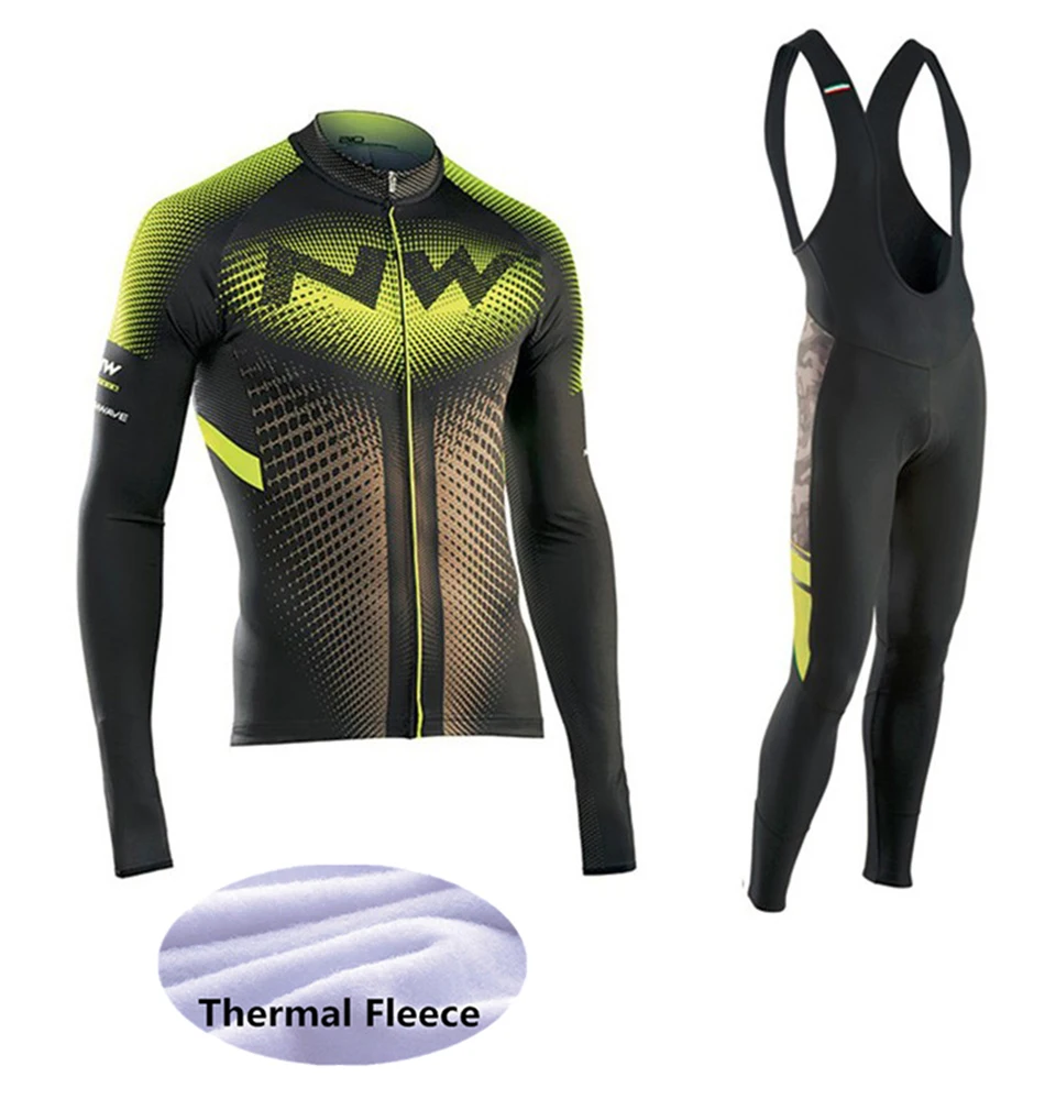 

2018 NW Thermal Fleece Long Sleeves Team Cycling Jersey Set with Black Bib Pants Winter Outdoor Sport Coat Suit Bicycle Clothing