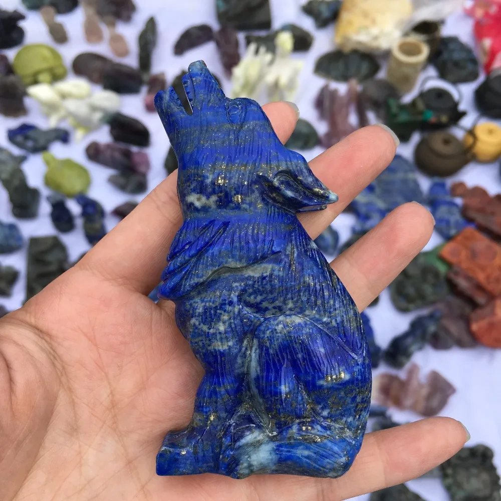 

10cm Natural Crystal carving lapis lazuli Wolf figure statue hand carved crystal healing For family