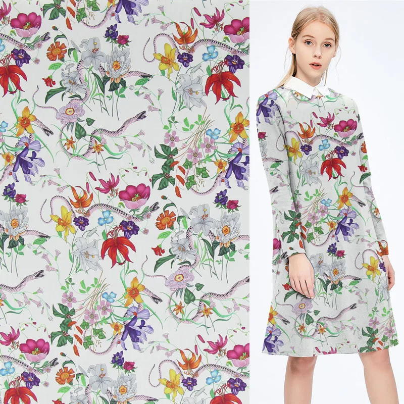 

Digital print pure silk Crepe DE chine fabric floral and snake design,SCDC868