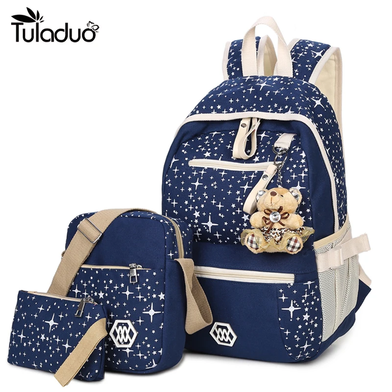 

School Bag Printing Canvas Backpack Set With Bear Children School Bags For Girls Cute Backpacks For Teenagers Mochila Feminina