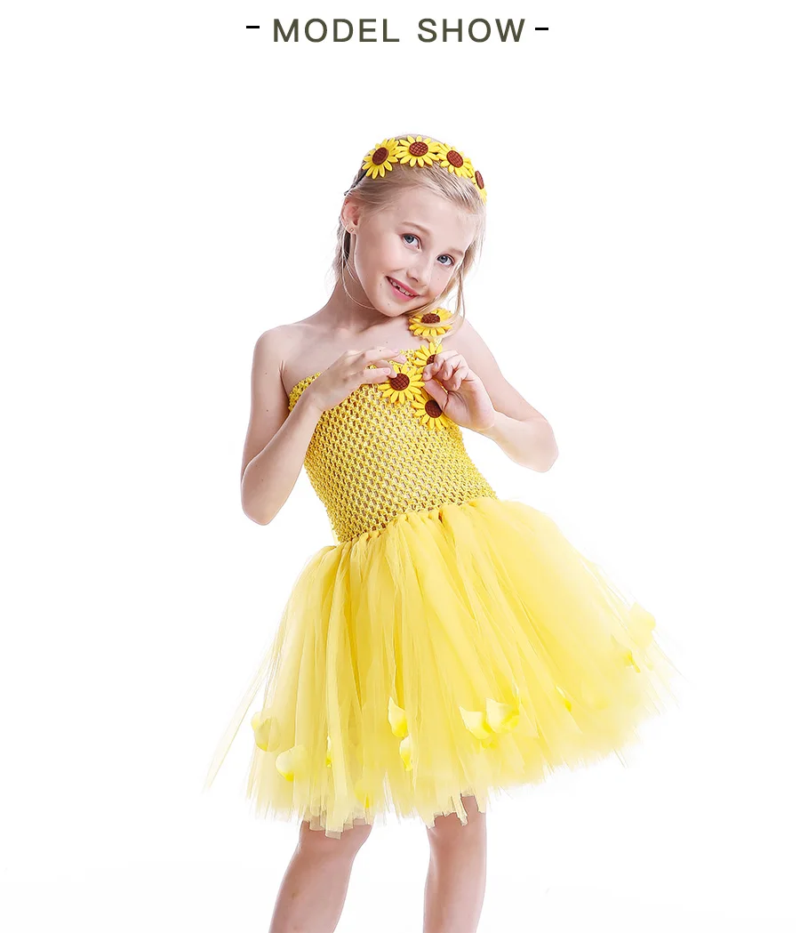 Sunflower Girls Tutu Dress with Headband Petals Embellished Princess Tulle Dress Children Birthday Party Performance Clothes (5)