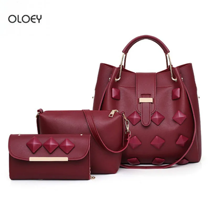 

OLOEY 2018 hot new women's bag fashion rivet ladies handbag shoulder messenger bag three-piece bag composite bag