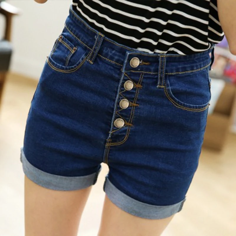 Summer High Waist Women Short Jeans 4 Button Cuffs Denim Shorts Skinny