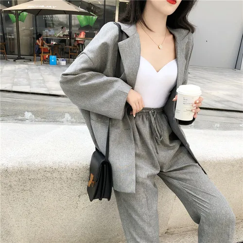 

Spring 2 Piece Set Women Turn-down Collar Single Button Tops Elastic Waist Ankle-length Pants Solid Women Sets Clothes
