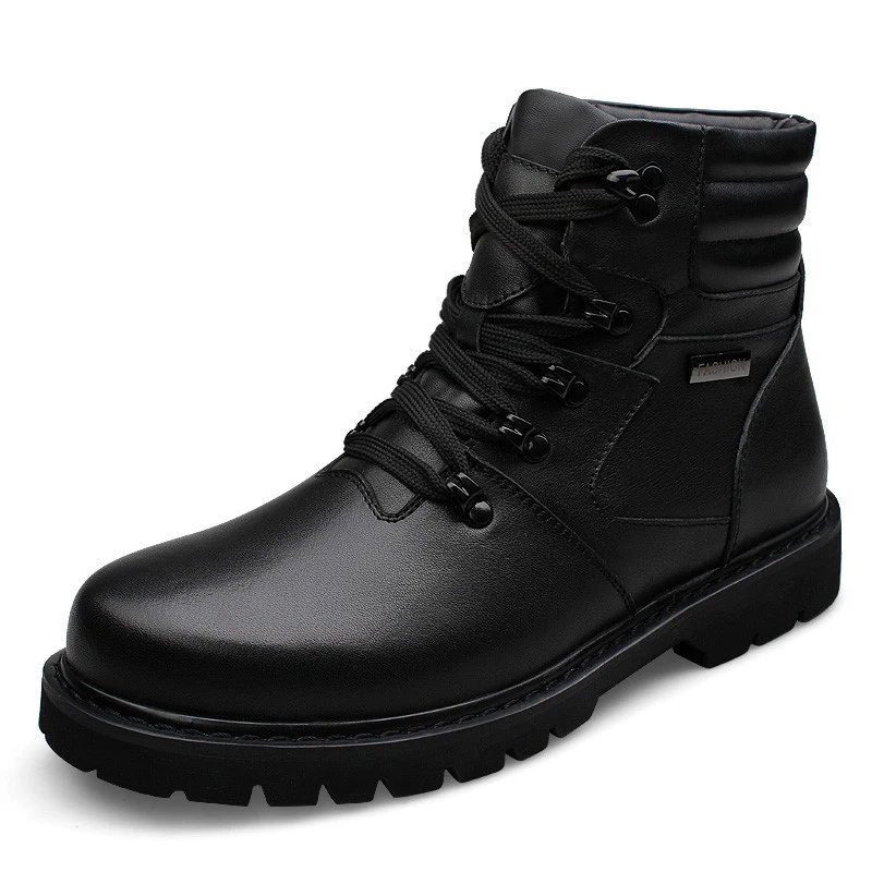 

Genuine Leather Men Winter Fur Boots Big Size 39-48 Brand Fashion Man Black Lace-up Shoes Warm Footwear