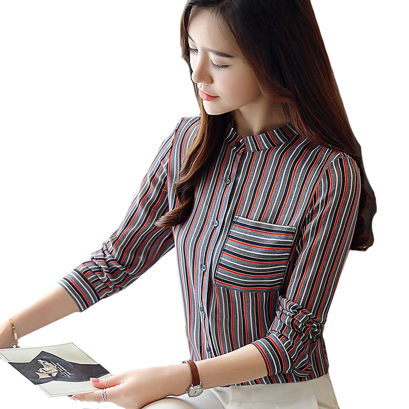 

Fashion 2019 New Spring Autumn Women Blouse Shirt Long Sleeve Office Lady Blouses Elegant Casual Striped Stand Collar Shirts