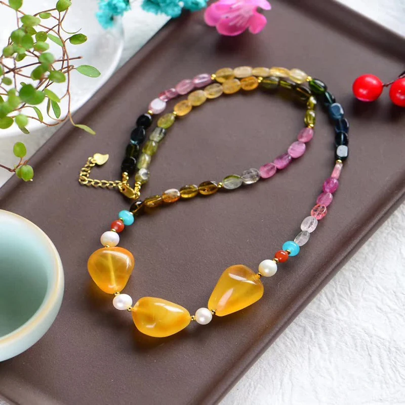 

JoursNeige Natural Tourmaline Stone Necklace With Shape Bead Clavicle Chain Crystal Necklace Lucky Beauty for Women Gift Jewelry