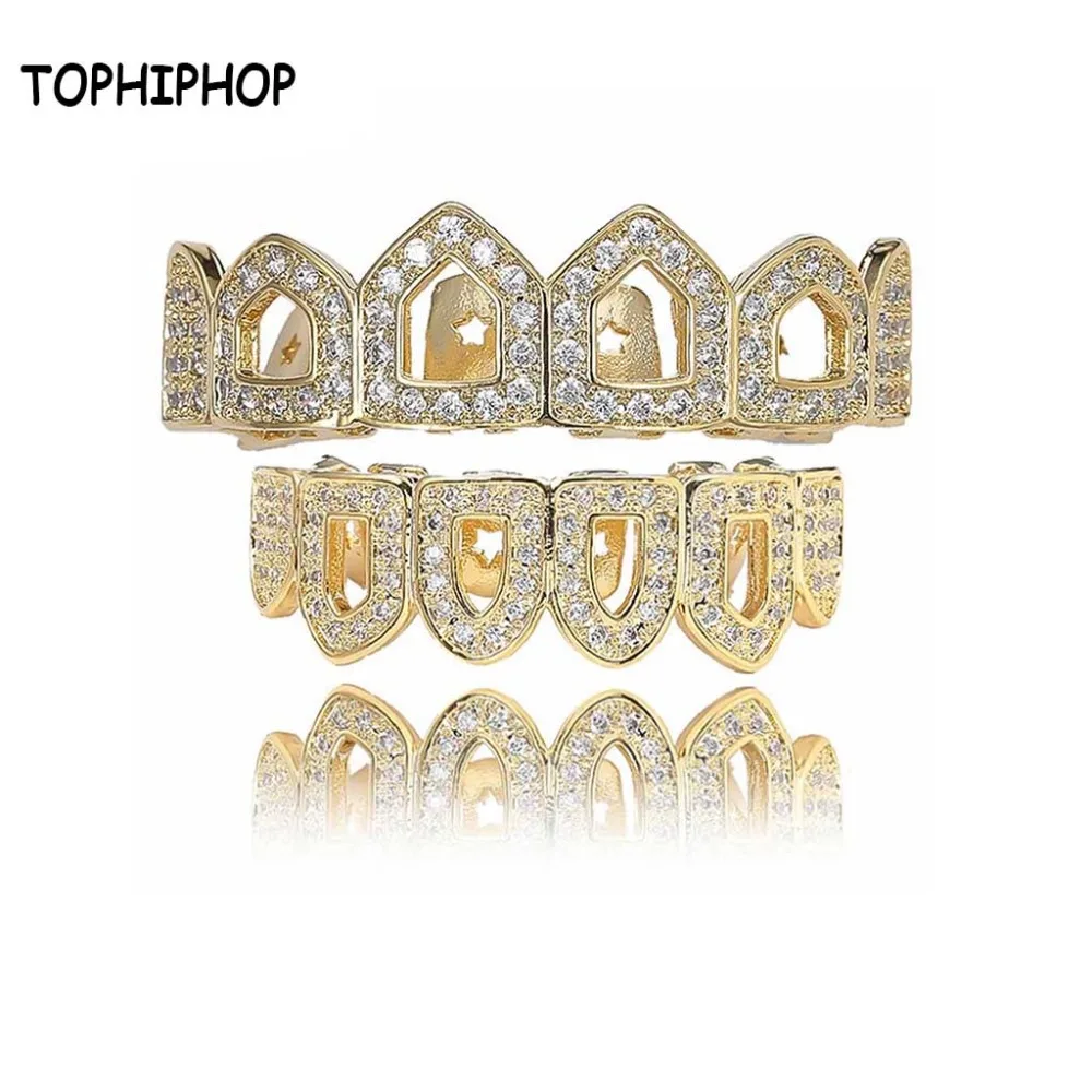 

TOPHIPHOP The White Zircon Hollowed Out Gold Teeth New Fangs Hiphop Gold Vampire Teeth Grillz Grills