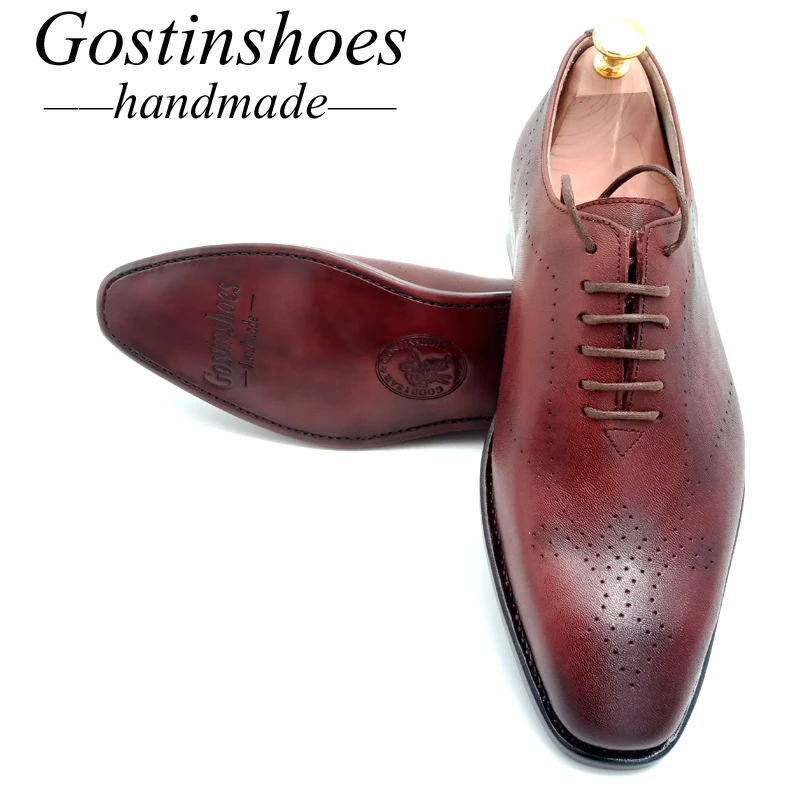 Goodyear Welted Handmade Men Dress Shoes Brown Genuine Leather Men Formal Shoes Oxfords Pointed Toe Lace-up Men Shoes GSTN013