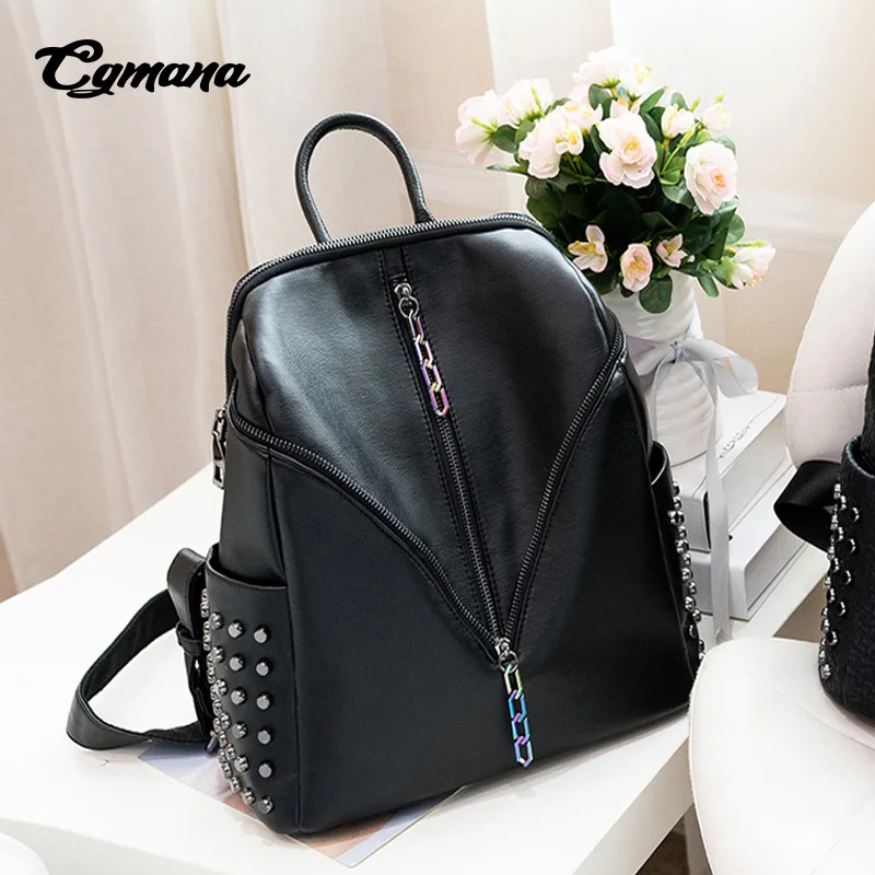 

CGMANA Backpacks Female 2018 New Retro Soft Leather Backpacks Fashion Color Chain Women Backpacks Personality Rivet Travel Bags