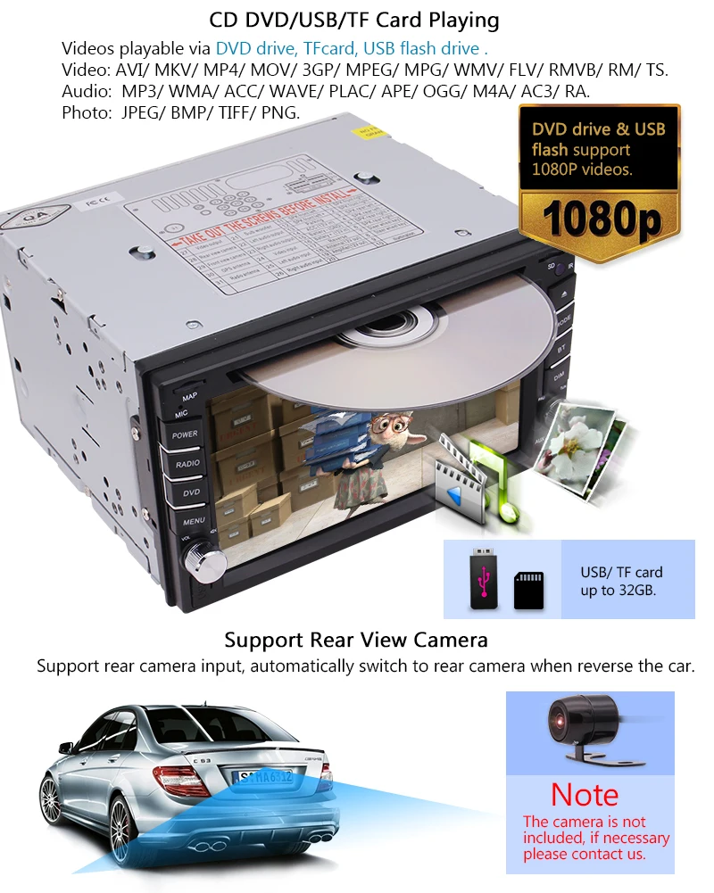 Sale 2 Din In Dash DVD Player 6.2" HD Touchscreen Stereo FM AM Car Radio Bluetooth Subwoofer + Wireless Camera 5