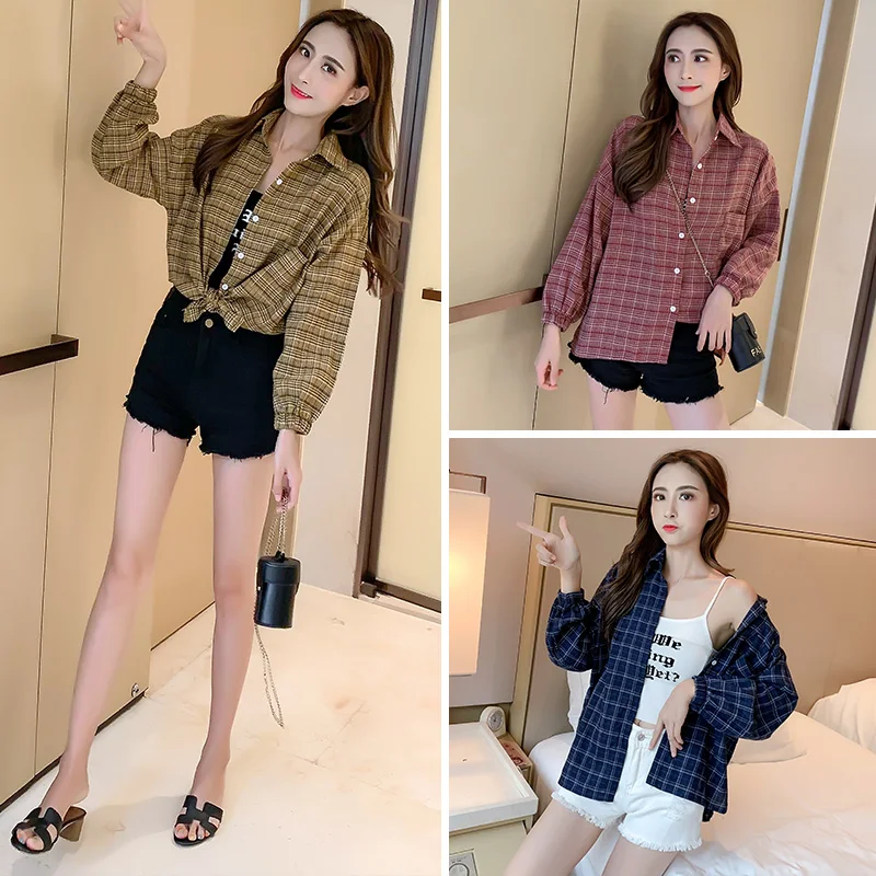 2019 Autumn New Women's Shirt Korean Fashion Classic Plaid Design Split Loose Women Long Sleeve Shirts Blouse 80s90s Casual