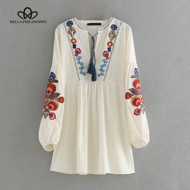 

Bella Philosophy women summer boho ethnic embroidery lantern long sleeve loose dress women casual shift dress vestidos