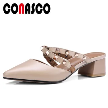 

CONASCO Fashion Brand Rivets Slingbacks Pumps Thick Heels Wedding Party Shoes Woman Sexy Pointed Toe Mules Shoes Slippers