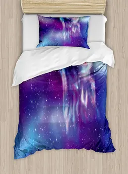 

Fantasy Duvet Cover Set Psychedelic Northern Starry Sky with Spirit of A Wolf Aurora Borealis Display Decor 4 Piece Bedding Set