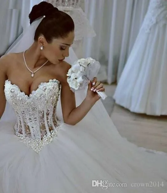 2015 Corset Ball Gown Wedding Dresses Sweetheart Beaded Crystal Muslim Tulle Bling Wedding Gowns Lace-Up Back Custom Made Dress Arabic (2)