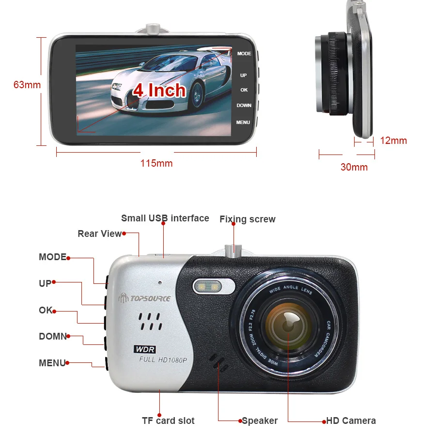 Автомобильный видеорегистратор TOPSOURCE 4 &quot IPS экран Novatek NTK96658 камера T818 Full HD 1080P 170