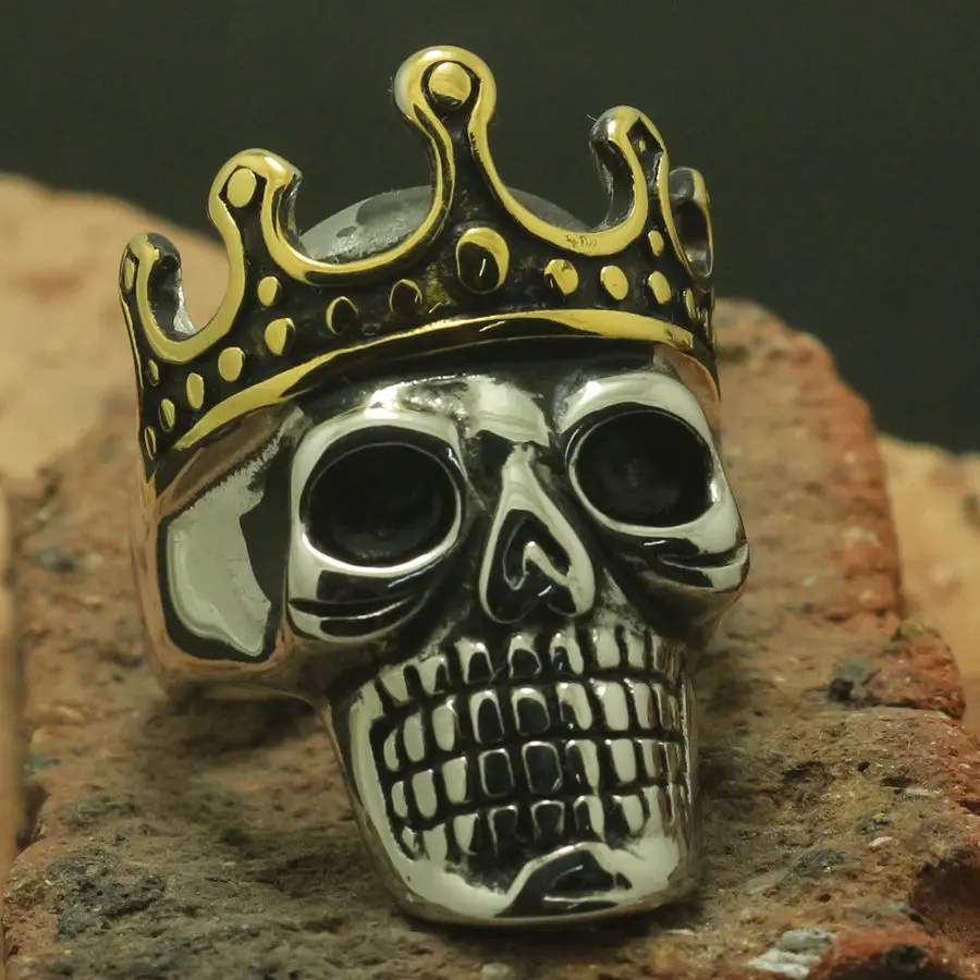 cheap Factory Price Men Boy 316L Stainless Steel Cool Punk Gothic Golden Silver King Skull Ring