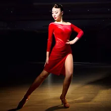 Черный/красный цвет танцы эластичная ткань профессиональный костюм Самба дешевые леди латинские танцы платье с длинным рукавом юбка из молочного шелка одежда