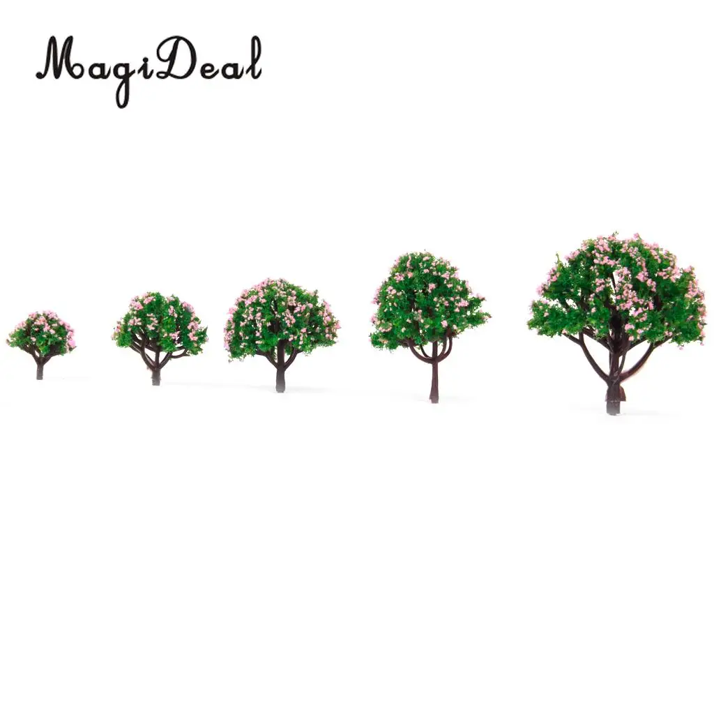 MagiDeal  5Sizes 10Pcs Plastic Model Tree with Pink Flower for Railroad Railway Train Track Home Garden Building Layout Diorama