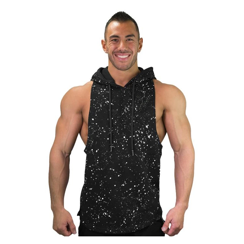 

Summer Men's Leisure Sleeveless Print Cotton Hooded Vests Bodybuilding Tank Tops Slim Fit Tee Male Vest Clothing New 2019 D40