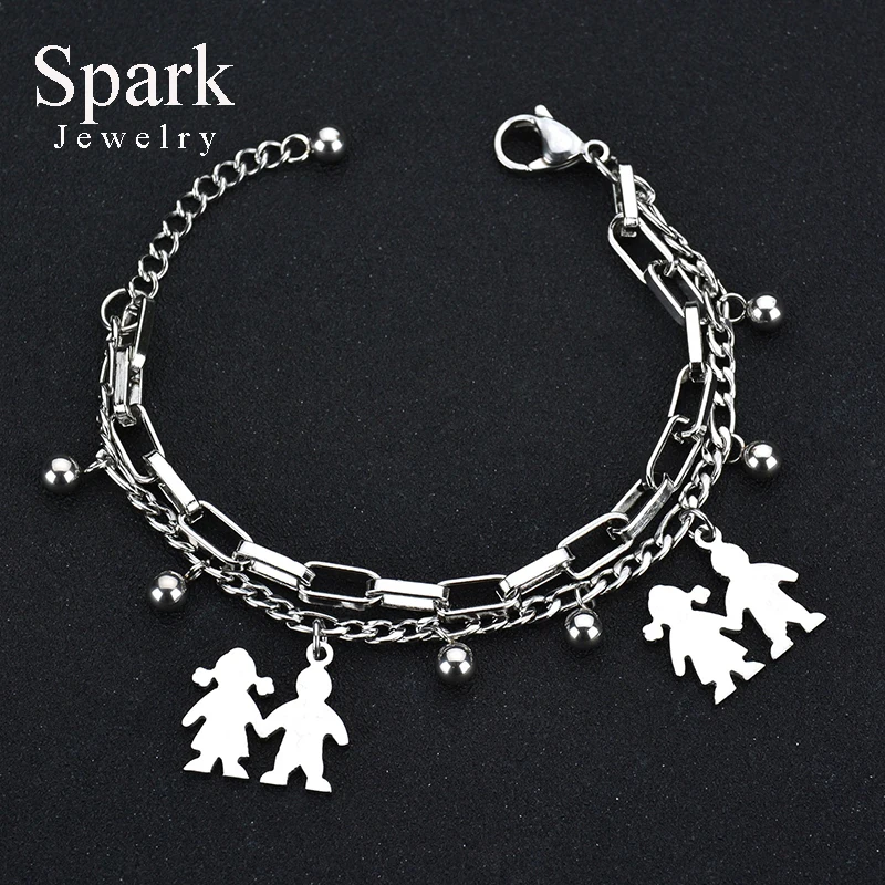 SPARK Stainless Steel Mama Family Charm Bracelet with Boy and Girl Charms Mother's Day Gift