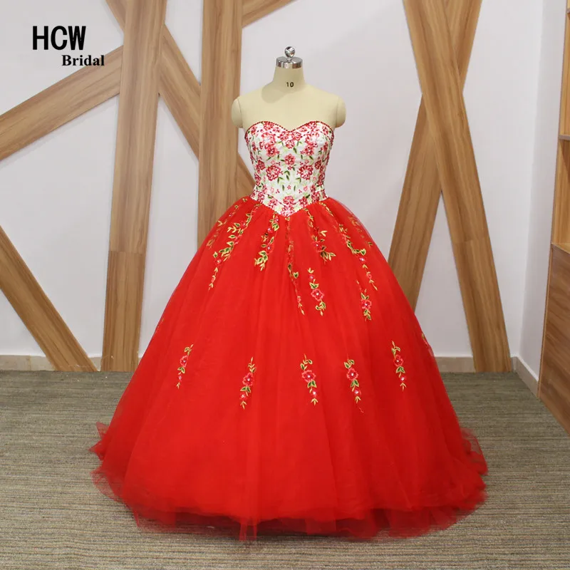 

2020 Red Ball Gown Quinceanera Dress Graceful Embroidery Flowers Puffy Tulle Sweet 16 Quinceanera Party Gowns Custom Made