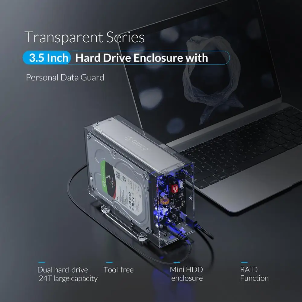  Carcasa de disco duro doble ORICO de 35 pulgadas con RAID 0 1 PM SPAN transparente SATA HDD con 24T