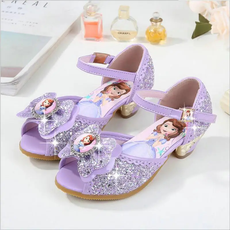 

New Summer Girls Princess Sandals Children's Glitter Shoes Kids Wedding Shoes High Heels Leather Sofia Bowtie Dress Dance Shoes