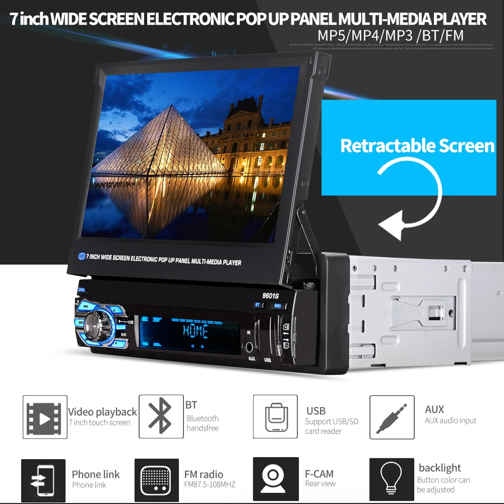 

Unique Design 9601G MP5 Car Multimedia Player 7'inch TFT LCD Screen with Bluetooth FM Radio GPS with Remote Control Wince System