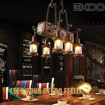 

EKOO 6 Heads Wood Chandelier Iron Lamp Industrial Rustic Light E27 for restaurant bar Living Room and more