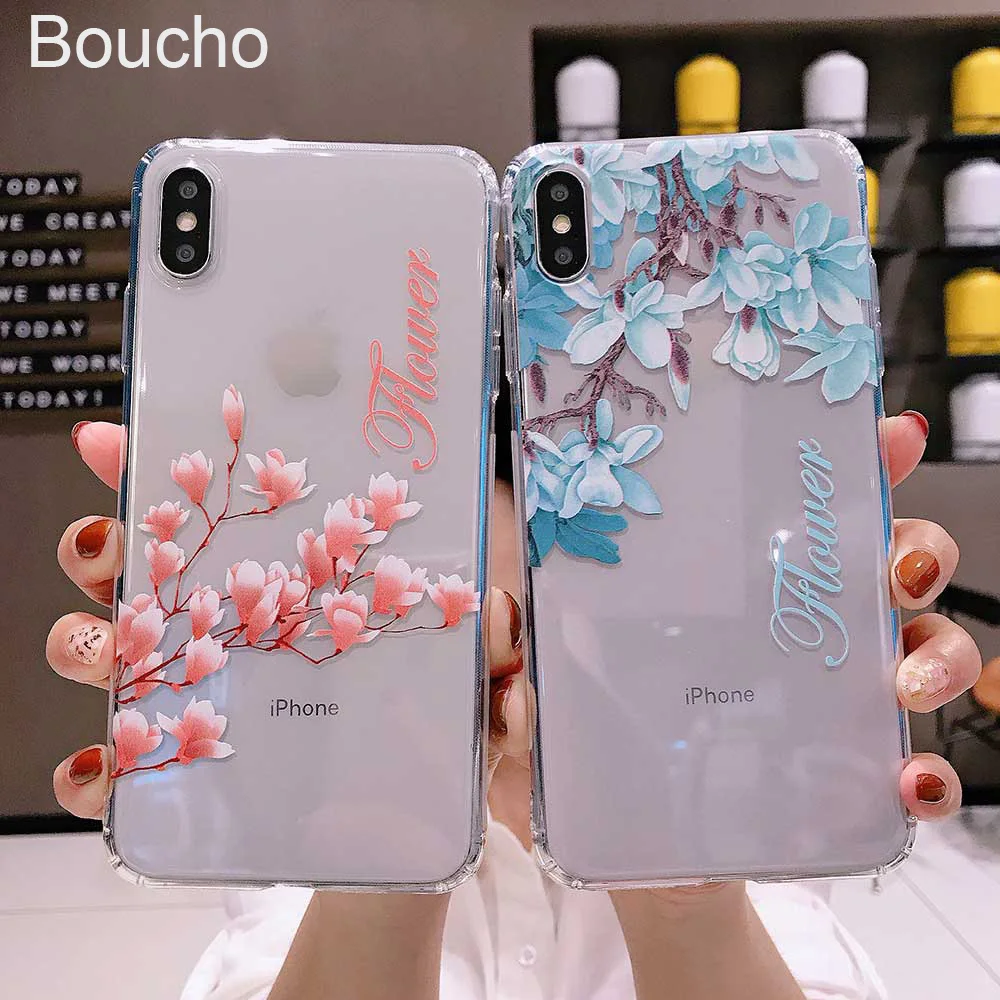 Boucho Soft Silicone Transparent Case For iphone XS MAX XR 6 6s 7 8 Plus Lovely flower Pattern Phone Cases Cover |