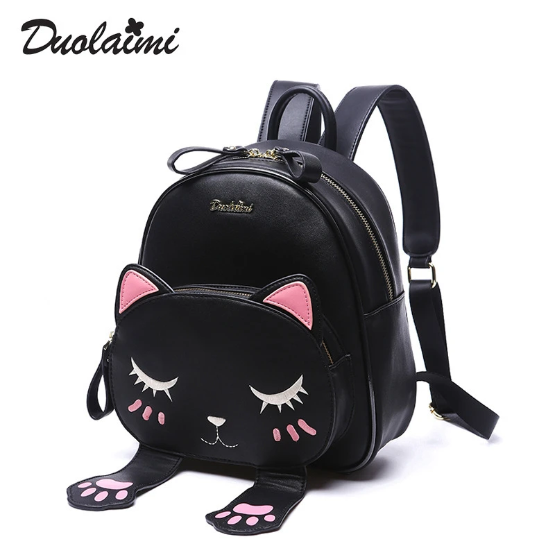 Duolaimi猫リュック黒プレッピースタイル学校バックパック18面白い品質puレザーファッション女性ショルダーバッグバックパック嚢 Cat Backpack Backpack Fashionfashion Backpack Aliexpress