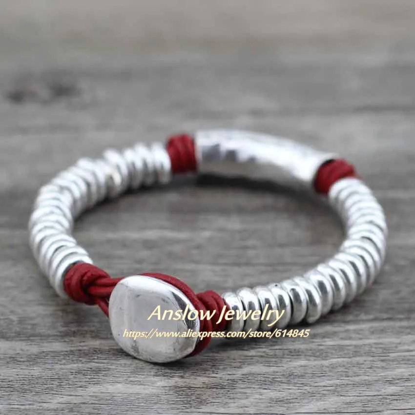 Anslow, стиль, античный посеребренный браслет с бусинами, кожаный браслет для женщин и мужчин,, Заводская распродажа, LOW0559LB