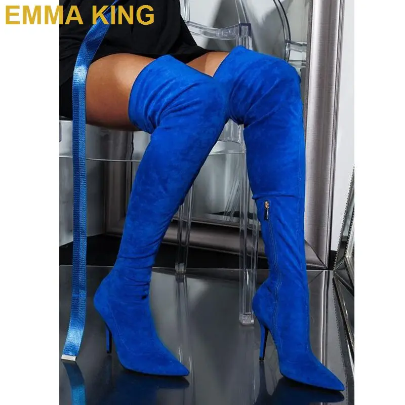 

Blue Suede Thigh High Boots Sexy Women High Heels Shoes Pointed Toe Over The Knee Boots for Woman Side Zip Winter Boots 2019