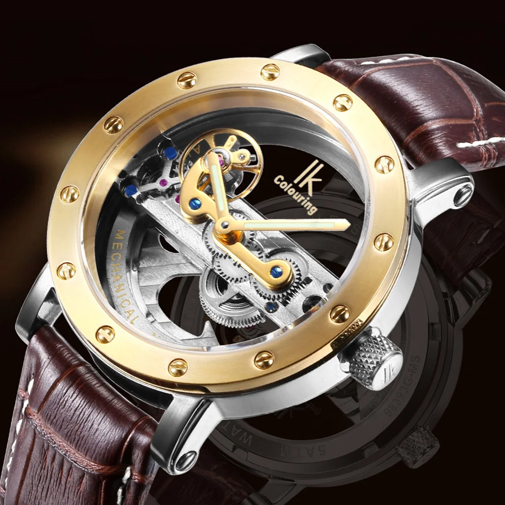 

Luxury Brand IK colouring Gold Hollow Automatic Mechanical Watches Men Leather Strap Casual Vintage Skeleton Watch Clock relogio