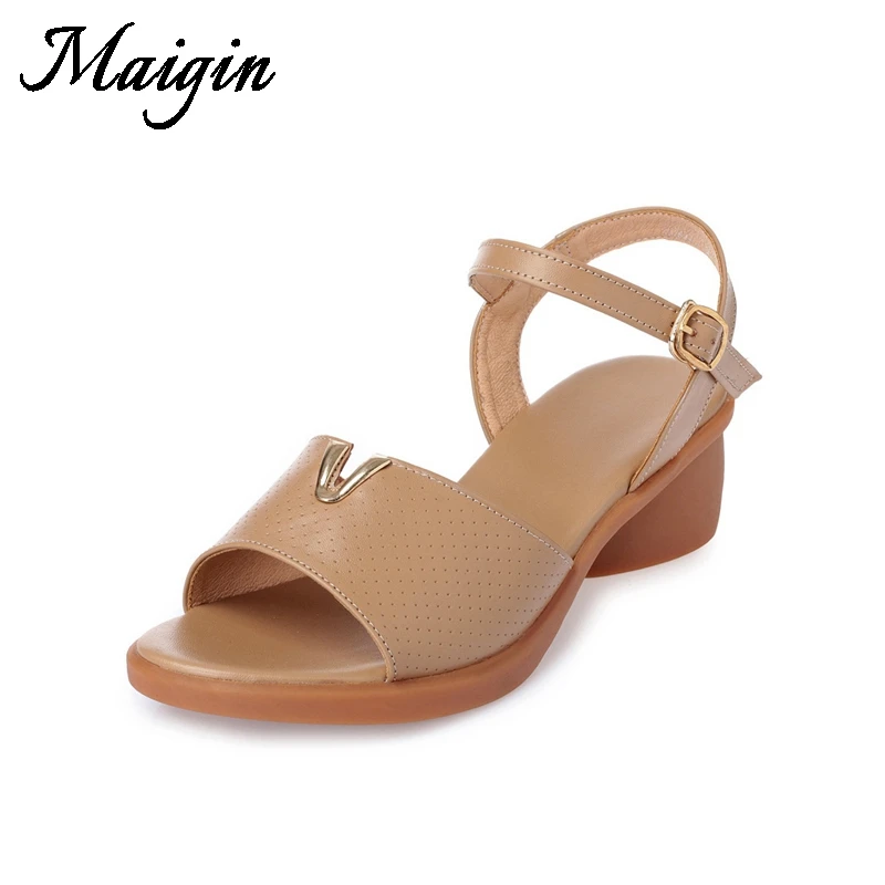 Maigin Cow Leather Women Sandals 2018 New Peep Toe Genuine Block Heel Summer Shoes Buckle Ladies | Обувь