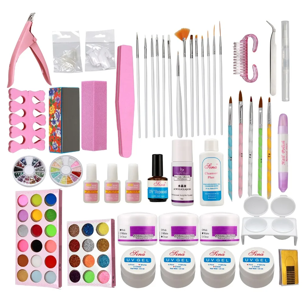 Nail Art Full Kit Acrylic Powders UV Gel/Brush/Block Tips/Glitter