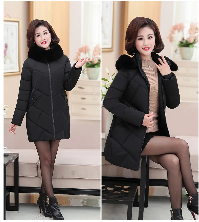 Long Sleeve New Women Medium-Long Parkas Mother Winter Hooded Soft Fur Collar Plus Size 5XL Slim Padded Winter Coats CQ2284