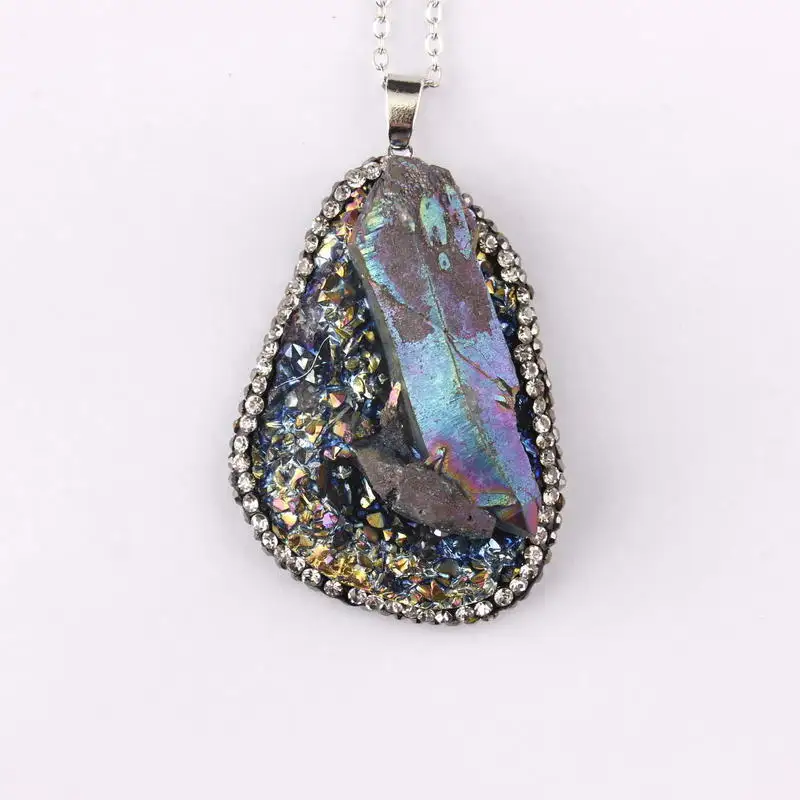 

ZWPON 2019 Raw Natural Crystal Quartz Druzy Pendant Necklace for Women Fashion Silver Chain Long Sweater Necklace Wholesale