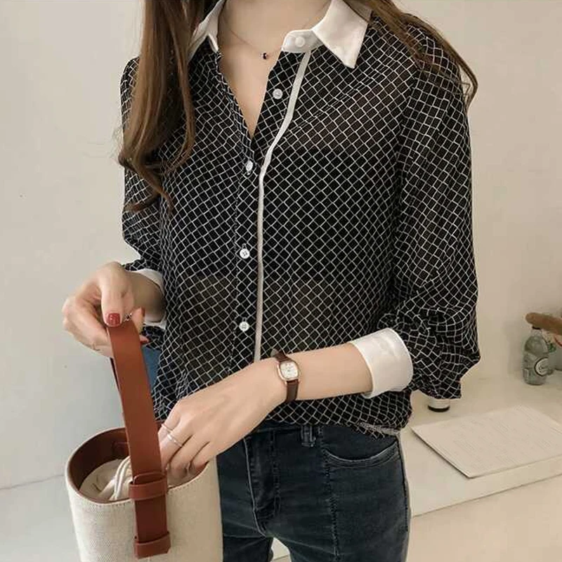New Fashion Women Tops And Blouses 2021 Long Sleeve Shirt Plus Size 3XL 4XL Striped Plaid Chiffon Blouse A297 | Женская одежда