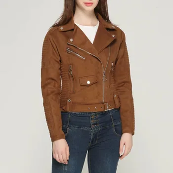 

2019 New Autumn Winter Women Motorcycle Faux PU Leather Brown Gray Jackets Lady Biker Outerwear Coat with Belt Hot Sale 2 Color