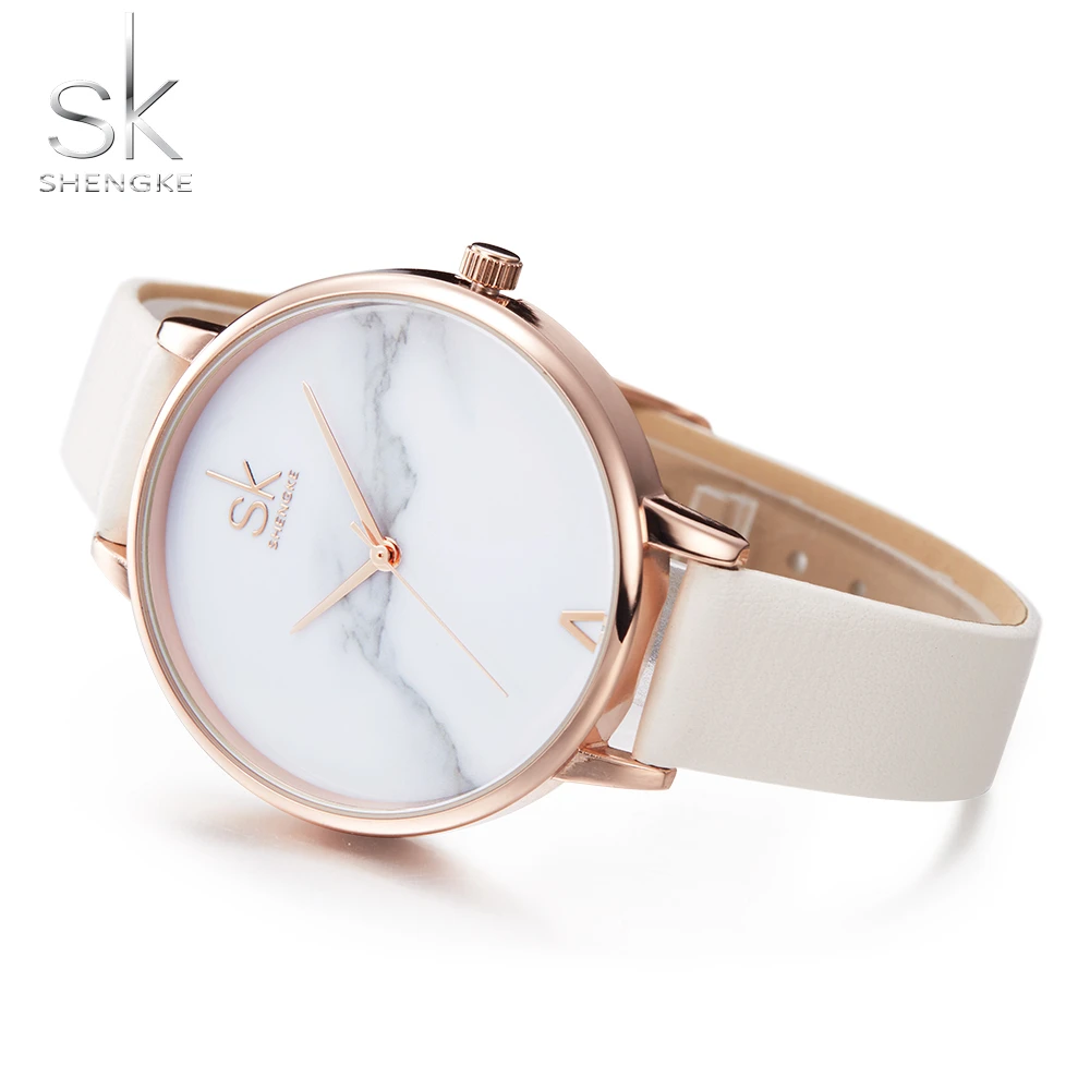 Shengke Top Brand Fashion Ladies Watches Leather Female Quartz Watch Women Thin Casual Strap Watch Reloj Mujer Marble Dial SK